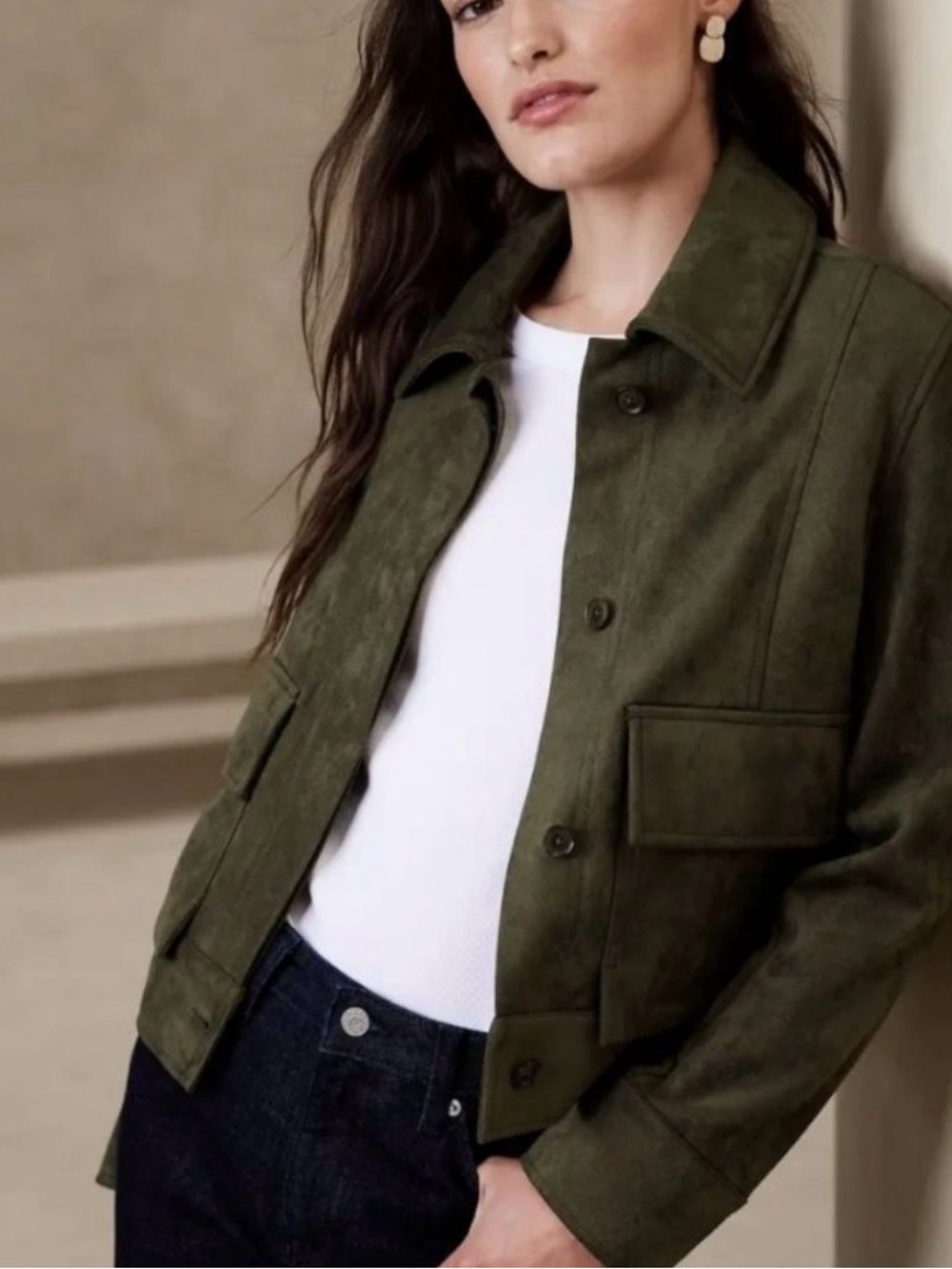 NWT Banana Republic Women’s Vegan Suede Utility Jacket XL Olive Fall Academia